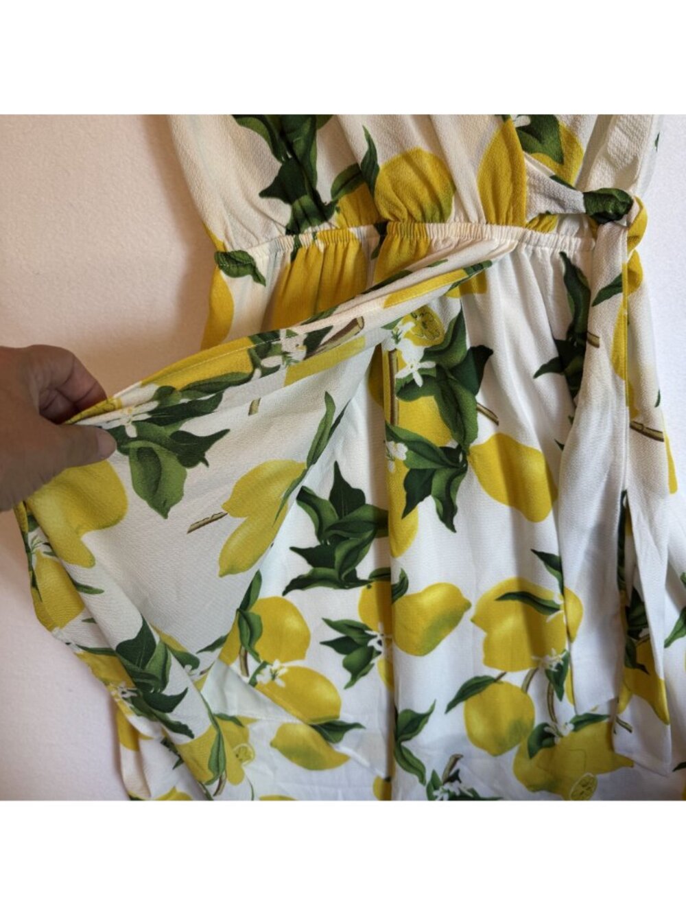 Dream Of Me Lemon Print High/Low Faux Wrap Dress Cap Sleeves Elastic Waist M - Picture 7 of 12